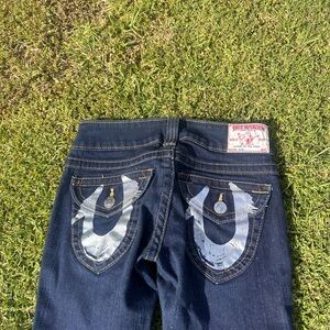 True Religion Women's Dark Indigo Boot Cut Jeans with Silver Pocket Accents